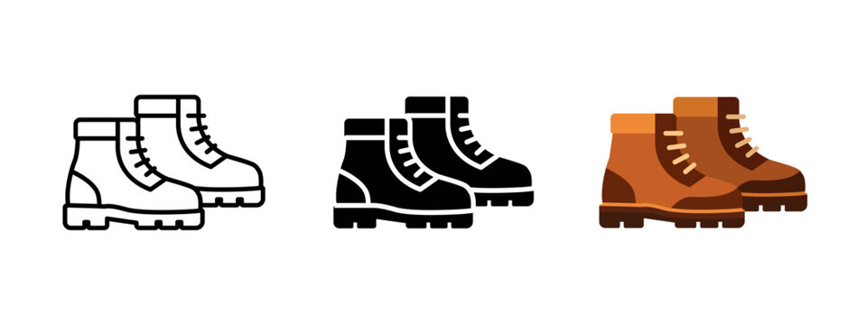 Boots vector icon set in outline, solid and color styles. Footwear symbol for work, hiking, outdoor adventure, travel and fashion projects. Ideal for web, app, UI design and commercial use.