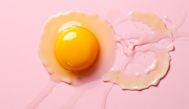 Raw cracked egg with bright yellow yolk and translucent egg white on soft pink pastel background without shadow