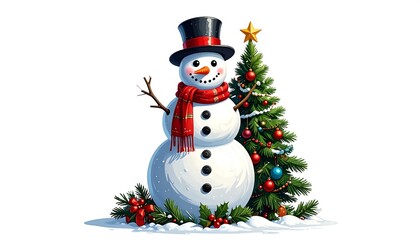 Festive Snowman with Christmas Tree Illustration on White.