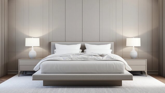 Bedroom interior dssign with Modern minimalist style.,Cozy white room and Simple Comforts, white bed on natural wood, 3d rendering