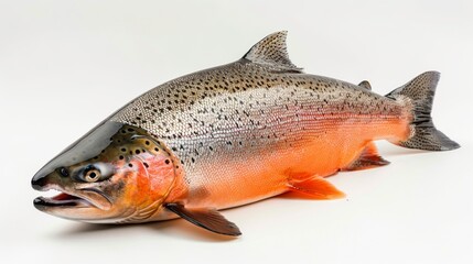 Obraz premium A photograph of a whole salmon on a white background, taken by a professional photographer with crisp and commercially appealing lighting.