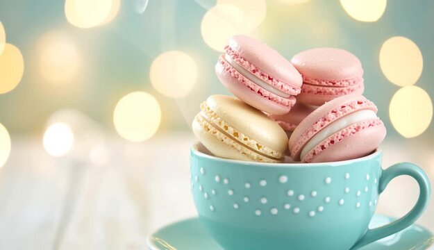 Pastel macarons in mint turquoise teacup on saucer, pink and cream colored french macarons stacked inside cup