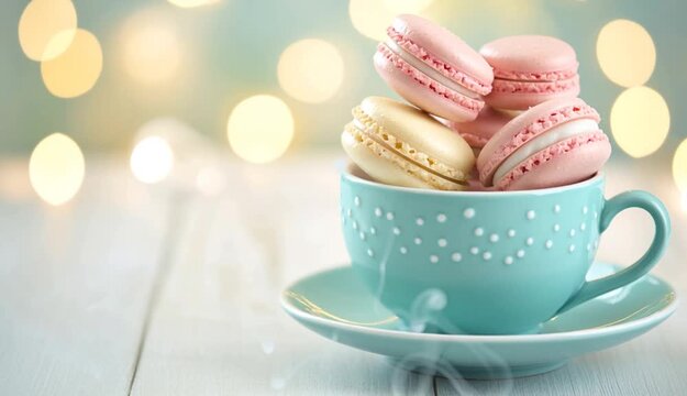 Pastel macarons in mint turquoise teacup on saucer, pink and cream colored french macarons stacked inside cup