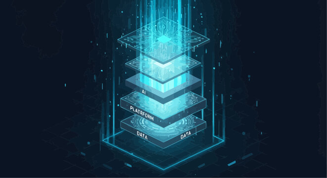 Futuristic glowing blue 3d data layers rising in digital space