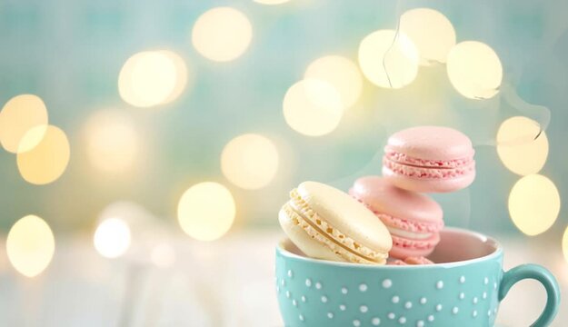 Pastel macarons in mint turquoise teacup on saucer, pink and cream colored french macarons stacked inside cup