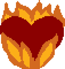Pixel heart burning in flames - concept of destructive love of relationship ending