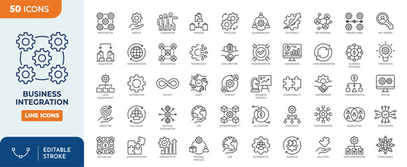 Business Integration line editable icon set. Containing Business, Integration, partnership, network, synergy, alliance, workflow, and more. Editable stroke. Vector illustration