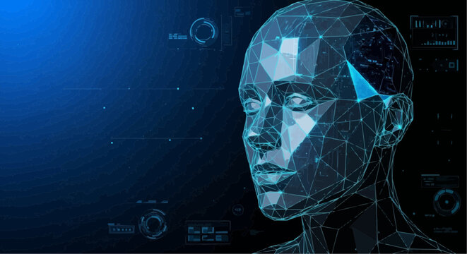 Futuristic 3d wireframe human head with virtual interface and blue