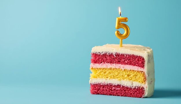 Single slice of layered colorful birthday cake, golden number five candle lit and burning
