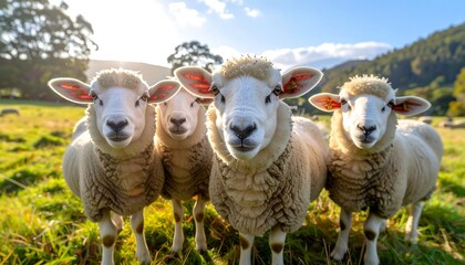 Curious Sheep Flock Grazing in a Lush Green Meadow.
