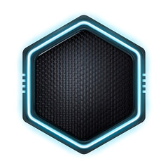 Futuristic hexagon with neon blue glow and carbon fiber texture isolated on white background