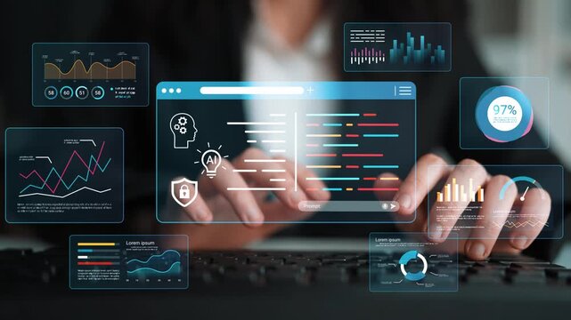 Futuristic digital workspace with hands on keyboard, displaying data charts, analytics, and artificial intelligence concepts for business innovation Gluon.
