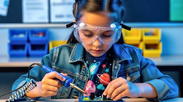 Young girl soldering circuit board in science lab