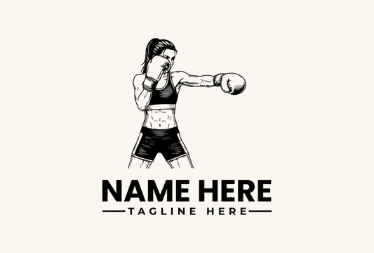A female boxer in a fighting stance with boxing gloves and sportswear, illustration with a logo and text placeholder on a plain background, vector graphic design.