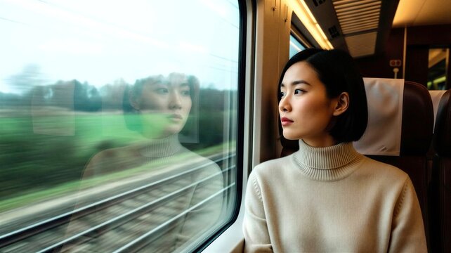 Young Asian woman looking out of train window during travel