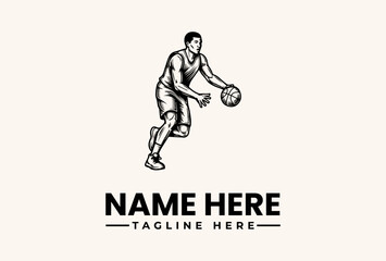 Naklejka premium A dynamic illustration of a basketball player in action, dribbling a ball with a placeholder logo and tagline on a clean white background.