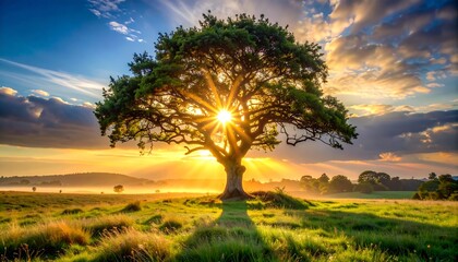 Fototapeta premium Sunlit Tree Silhouette - A Golden Dawn in the Meadow.