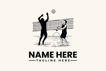 Black and white vector illustration of two tennis players in action on a court with a net, featuring a logo template with placeholder text.
