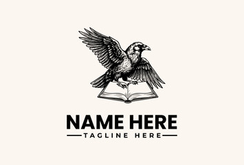 Obraz premium A black and white illustration of an eagle emerging from an open book with a tagline on a beige background, featuring a logo design with a vector graphic style and a pictogram of a bird.