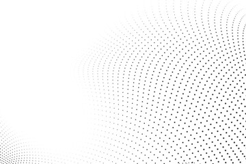Abstract black halftone dots radial wave from corner on white background, digital particle gradient for tech concept, minimalist flow design, professional graphic element vector