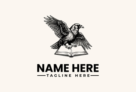 A black and white illustration of an eagle emerging from an open book with a tagline on a beige background, featuring a logo design with a vector graphic style and a pictogram of a bird.
