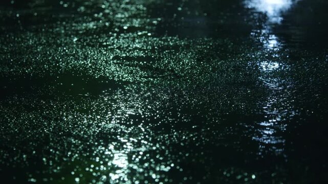 Rainy night in the rainy season with puddles on wet pavement and streetlight reflections