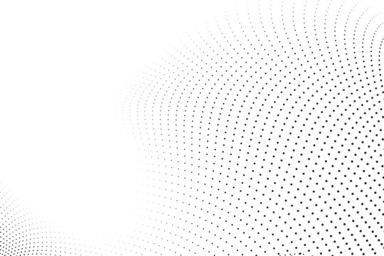 Abstract black halftone dots radial wave from corner on white background, digital particle gradient for tech concept, minimalist flow design, professional graphic element vector