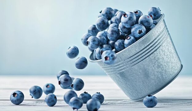 Fresh blueberries in galvanized metal bucket, overflowing with ripe blue berries, silver zinc pail with ridged texture
