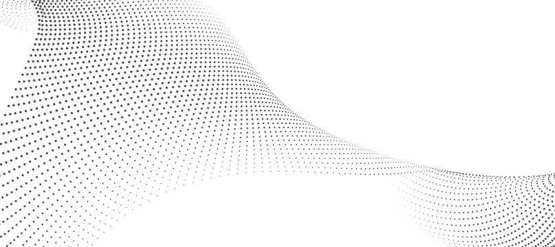 Abstract black fluid dotted wave on white background, digital halftone particle stream for futuristic design, minimalist geometric motion, technology background vector illustration