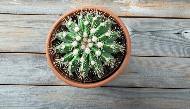 Top down overhead view of green barrel cactus in brown pot, star-shaped succulent with white spines radiating from center
