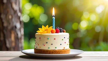 Birthday cake with candle and fruit on a plate outdoors.