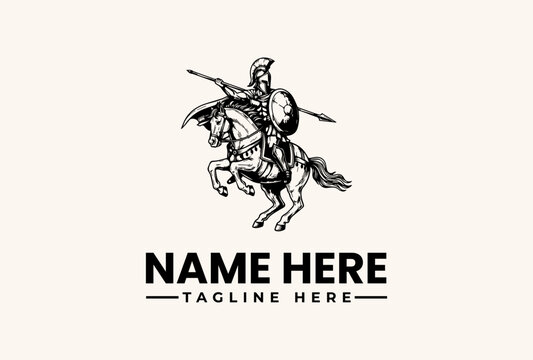 Black and white illustration of a knight on horseback with a lance, set against a clean background with space for a logo and tagline.