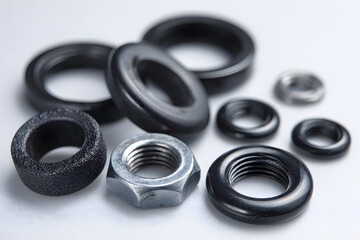 Obraz premium Different types of nuts and washers used in various mechanical applications arranged neatly on a flat surface