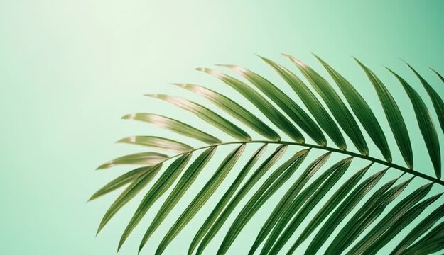 Single tropical palm leaf gracefully arching from right side, long curved palm frond with detailed parallel lines, light mint green to dark green gradient background