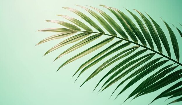 Single tropical palm leaf gracefully arching from right side, long curved palm frond with detailed parallel lines, light mint green to dark green gradient background