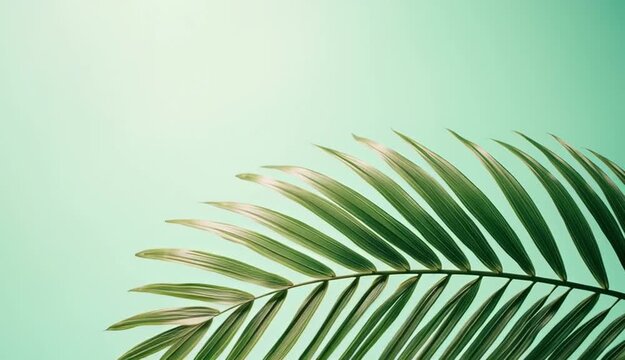 Single tropical palm leaf gracefully arching from right side, long curved palm frond with detailed parallel lines, light mint green to dark green gradient background