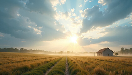 Obraz premium Serene countryside scene with golden wheat field and small farmhouse under dramatic sky. Wheat field stretches towards horizon with warm sunlight breaking through clouds.