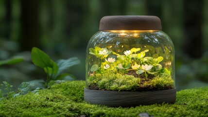 A Dreamy Low Light Shot of a Glowing Terrarium with Flowers and Greenery in a Forest Setting