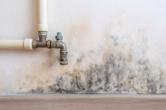 Water pipe and mold growth on wall in a damp area of a home showing signs of neglect and possible water damage over time