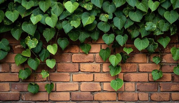 Green ivy vines with heart-shaped leaves cascading down red brick wall, climbing plants growing from top, lush green foliage hanging over weathered brown brick texture
