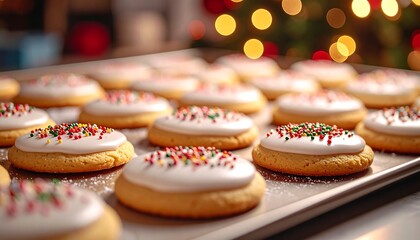 Festive Christmas Cookies with Icing and Sprinkles on Baking Sheet.