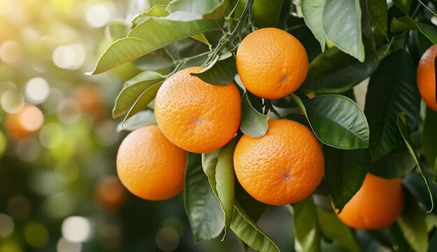 Cluster of ripe oranges hanging from tree branch on right side of frame, bright orange citrus fruits with textured peel, glossy green leaves, natural orchard setting with foliage in background