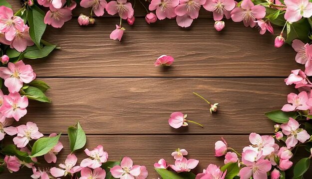 Pink spring cherry blossoms and apple blossoms arranged as frame border around edges, flowers with green leaves forming decorative border, rustic brown wooden plank background