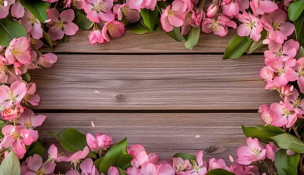 Pink spring cherry blossoms and apple blossoms arranged as frame border around edges, flowers with green leaves forming decorative border, rustic brown wooden plank background