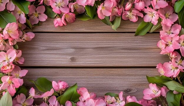 Pink spring cherry blossoms and apple blossoms arranged as frame border around edges, flowers with green leaves forming decorative border, rustic brown wooden plank background