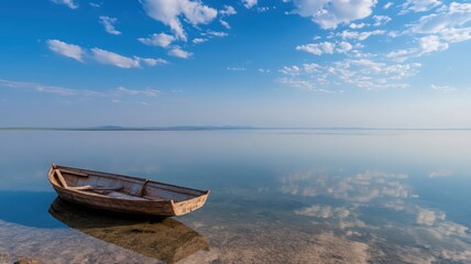 Obraz premium A Lone Boat Floating on a Glassy Lake with Reflections under a Bright Blue Sky with Clouds