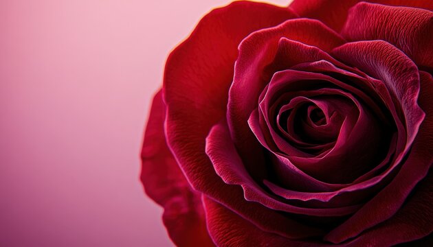 Deep crimson flower petals exhibit intricate swirling patterns against a soft gradient background