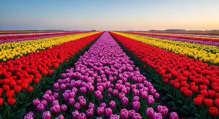 A breathtaking vibrant flower field presenting thousands of colorful tulips arranged in rows, showing the complete spectrum of the rainbow, flower, green, bloom