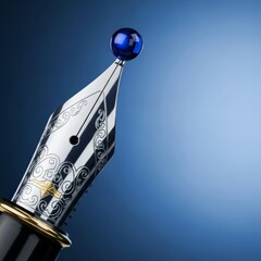 A close-up view of a classic fountain pen nib features a perfect spherical drop of deep blue liquid ink, signifying creativity and elegant communication, nib, vintage, classic