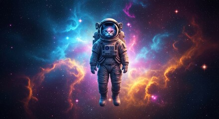 A cute cat wearing a full spacesuit and helmet, weightlessly floating amongst vibrant nebulae and bright stars in deep outer space, zero gravity, nebula, adorable